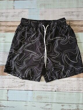 Source Unknown Black Swim Trunks with White Swirl Print